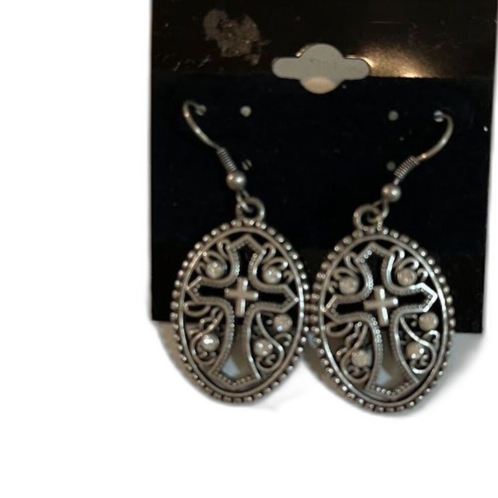 Vtg Earrings Dangle Silver Etched Oval Cross  Rhinestones 1" Gothic Medieval